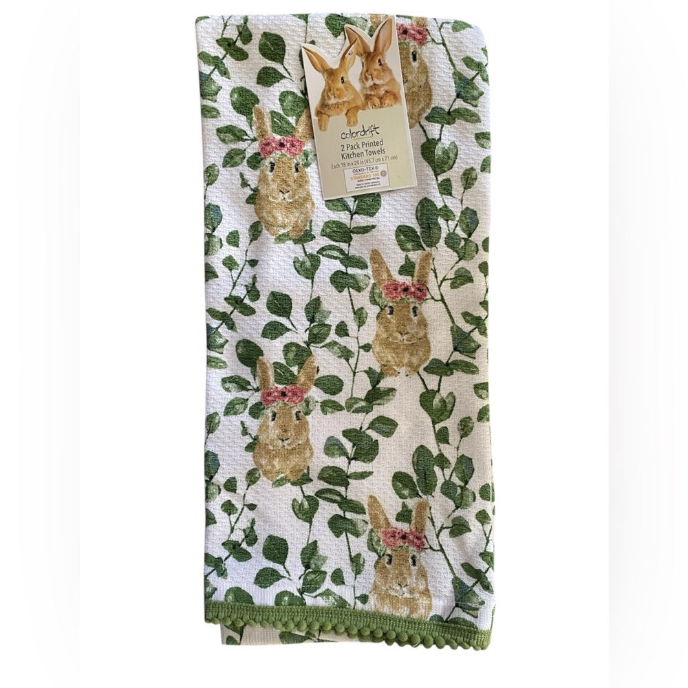 Colordrift Bunny 2 Pack Kitchen Towel Set Green & White Spring Decor NWT